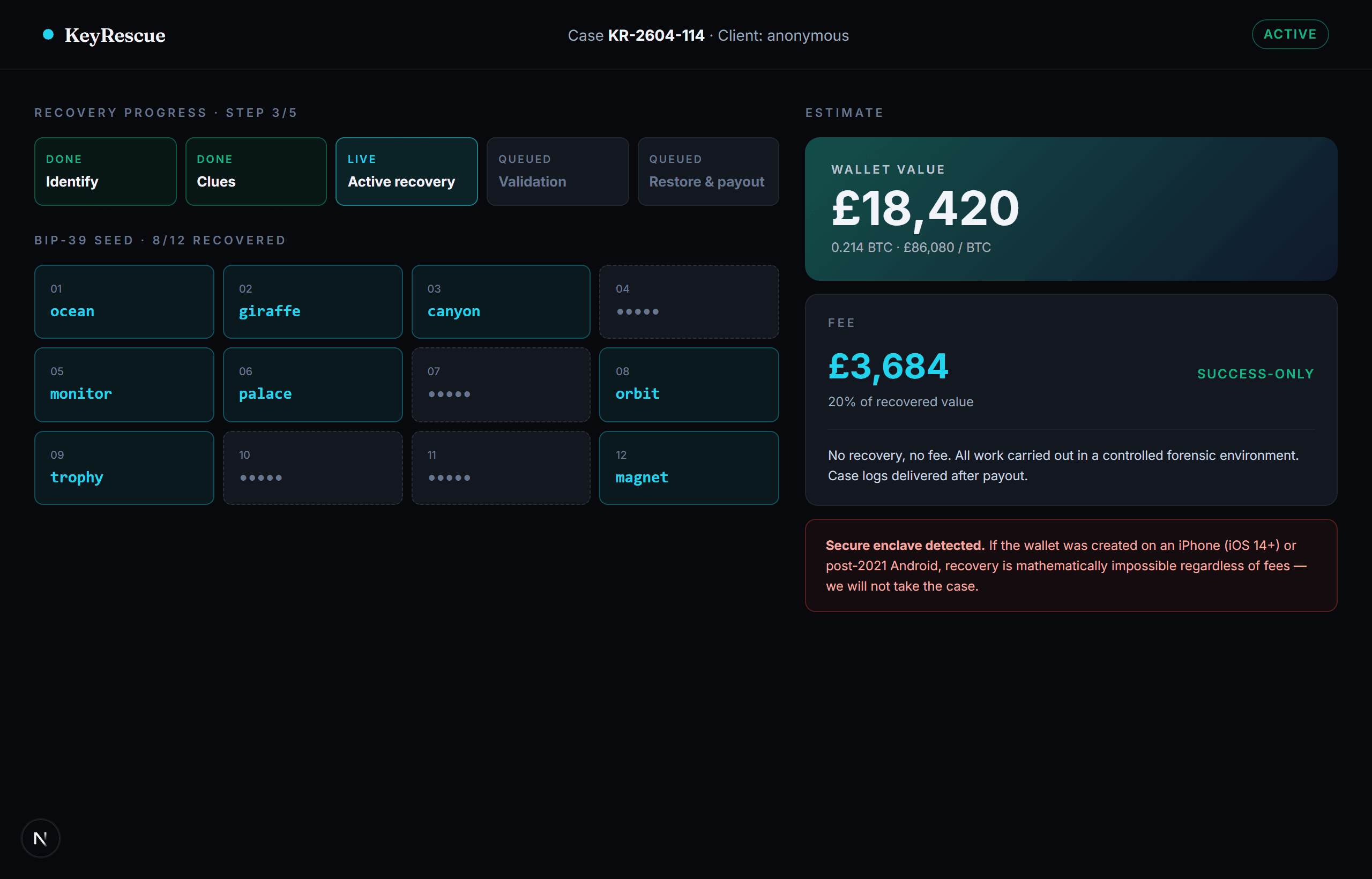 KeyRescue wallet recovery dashboard