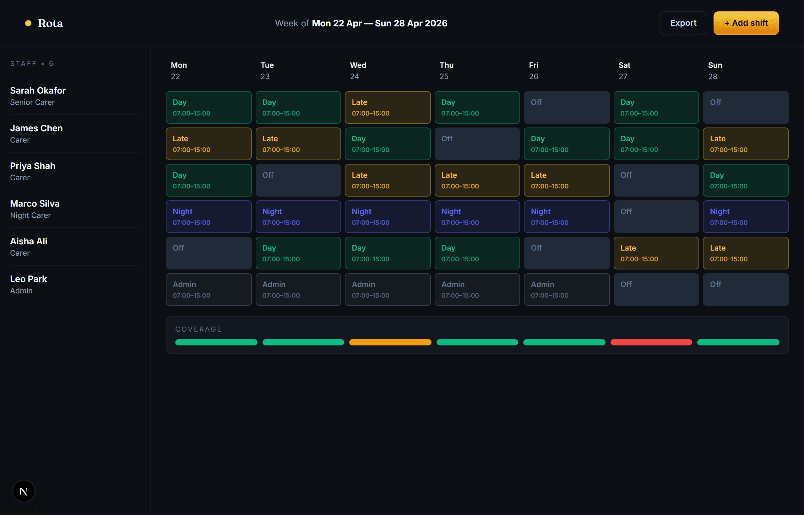 Rota shift scheduler dashboard