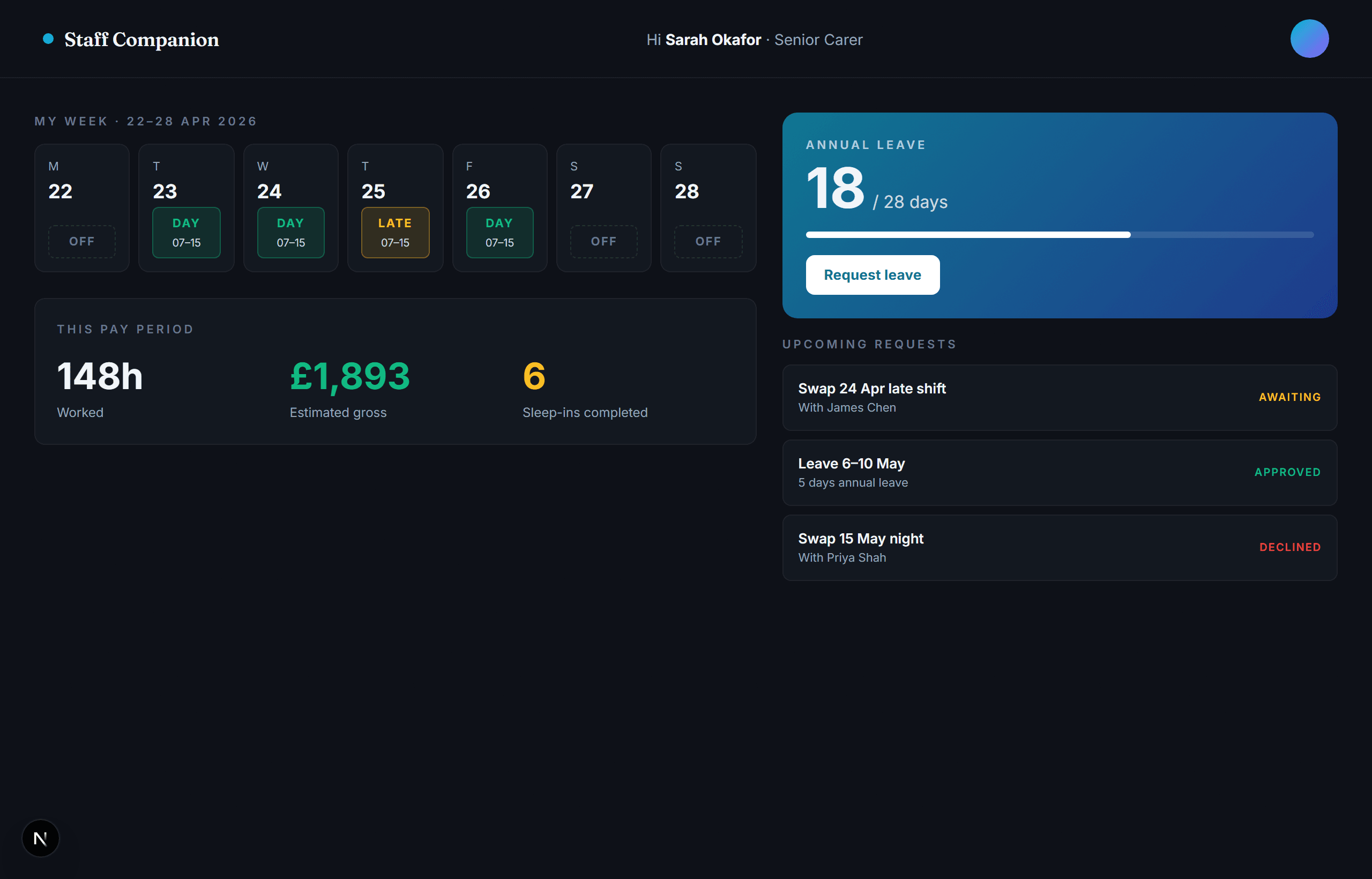 Staff Companion employee self-service dashboard