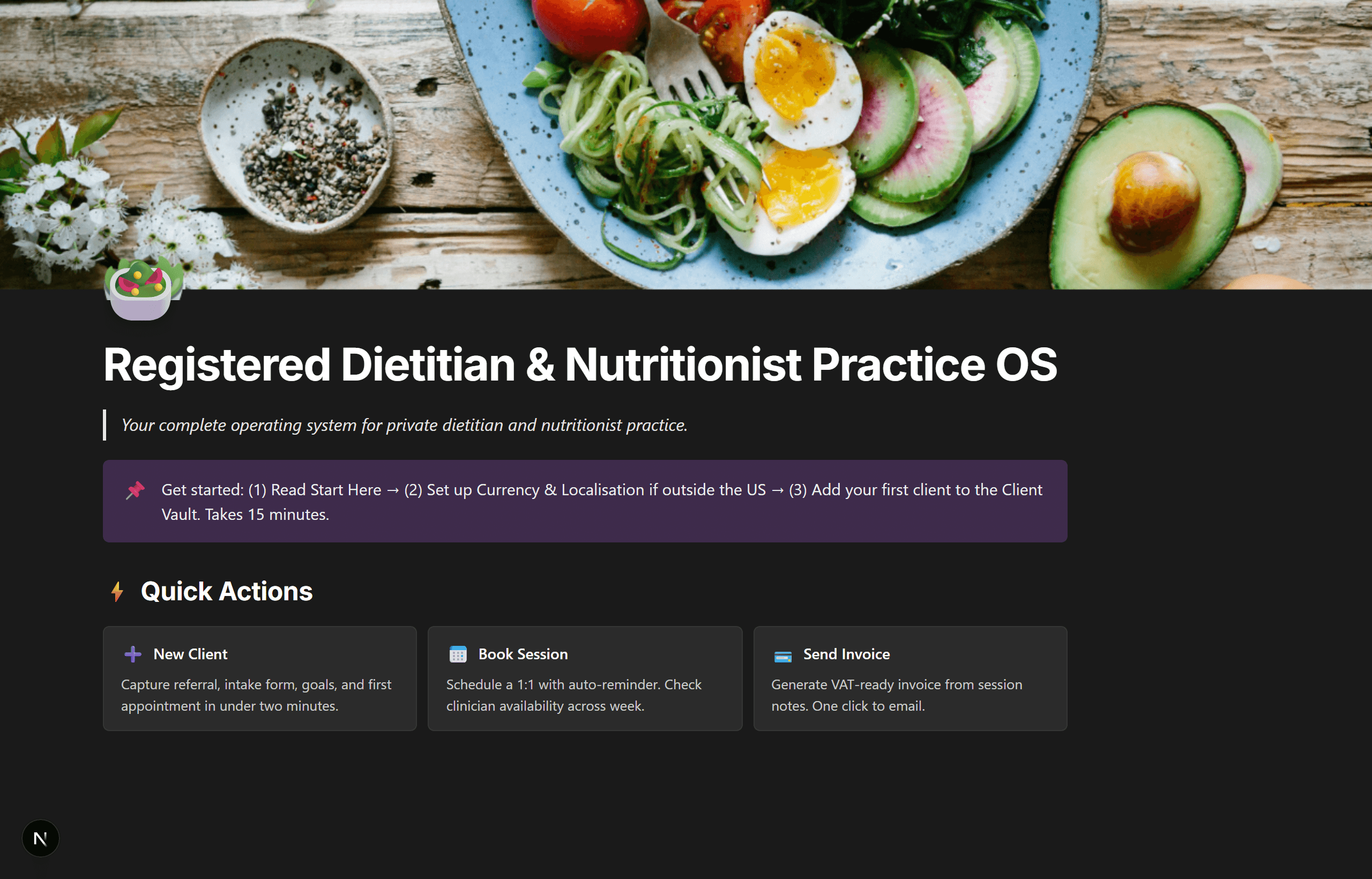 Dietician & Nutritionist Practice OS Notion template home page