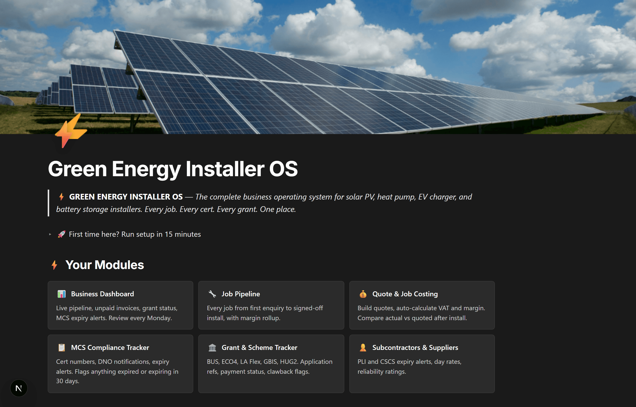 Green Energy Installer OS Notion template home page