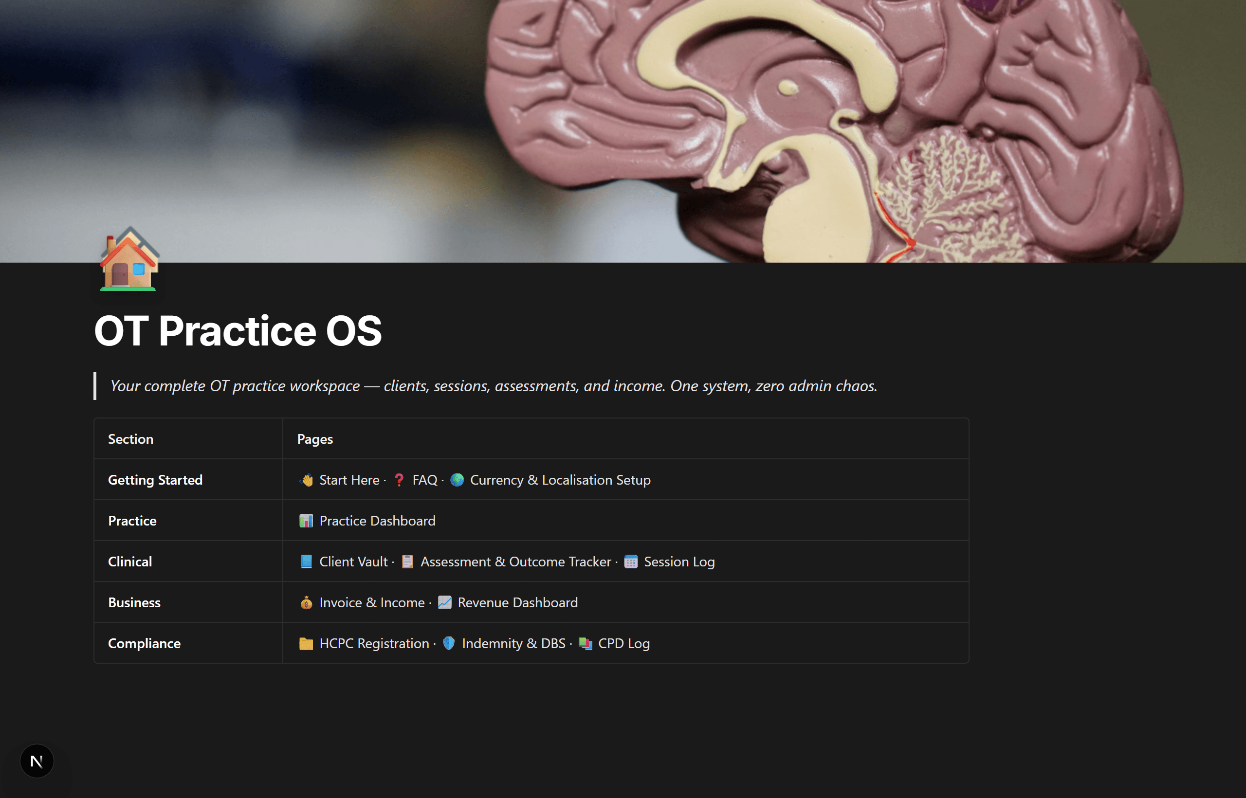 Occupational Therapy Practice OS Notion template home page