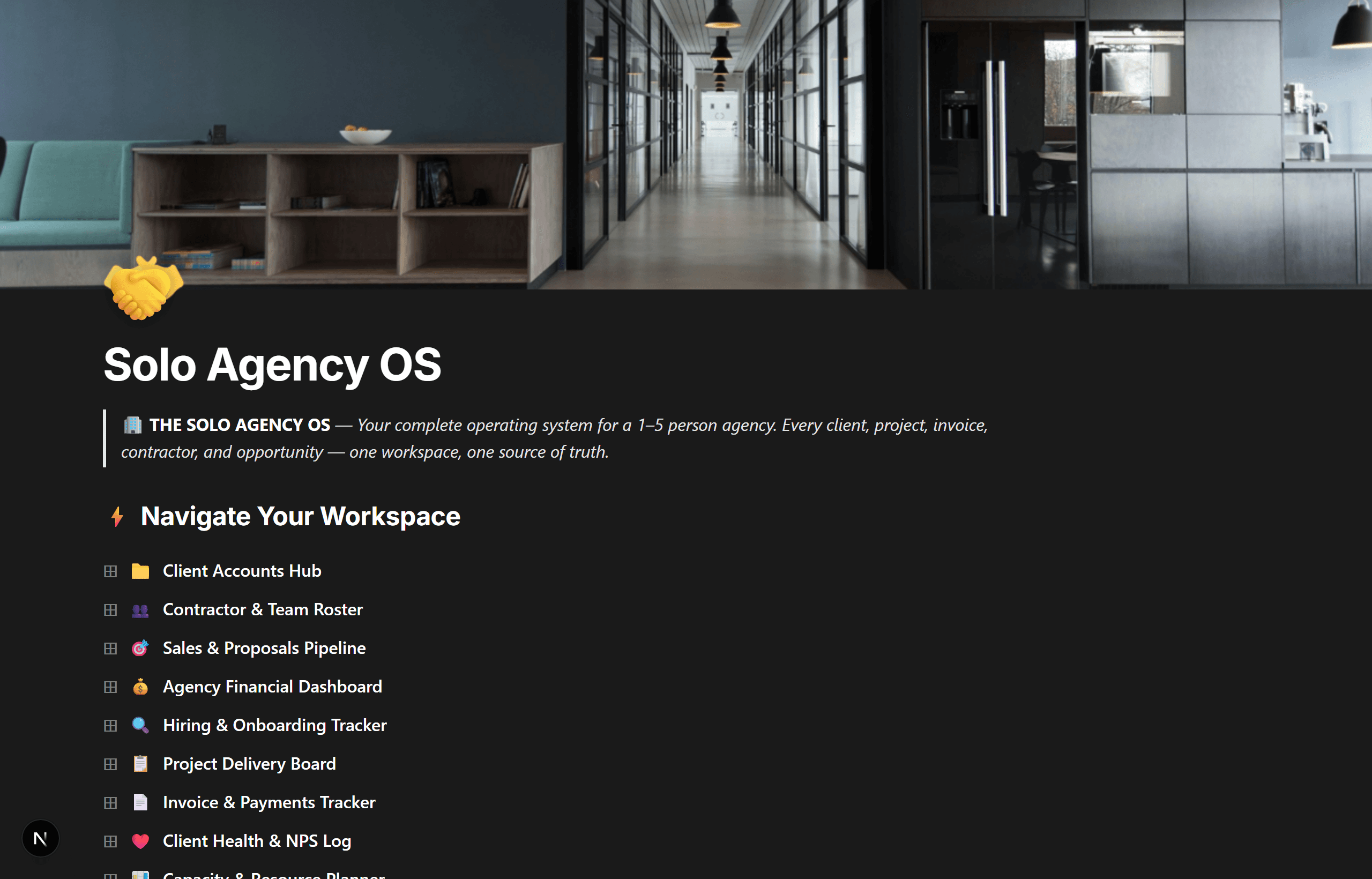 Solo Agency OS Notion template home page