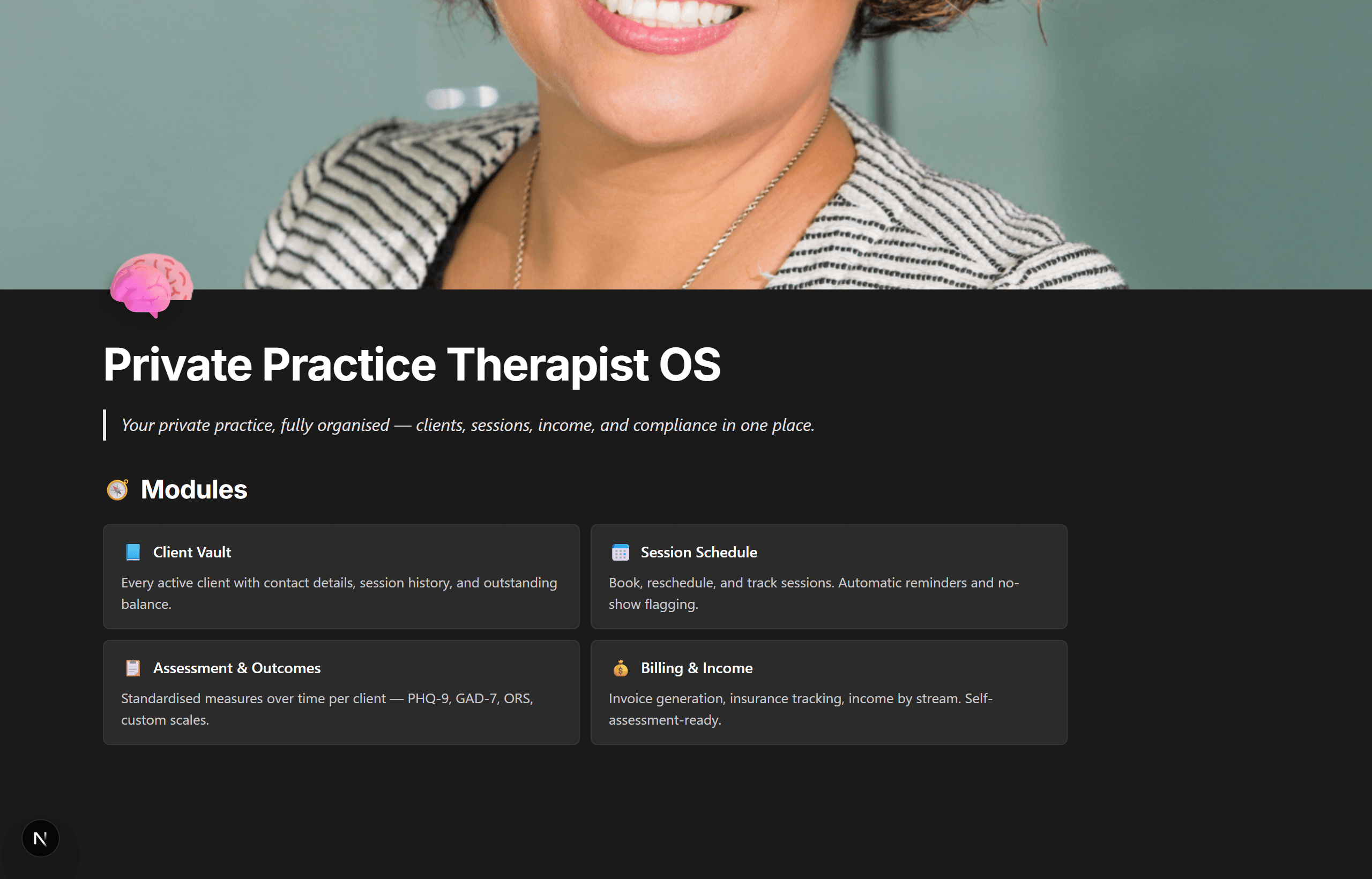 Private Practice Therapist OS Notion template home page